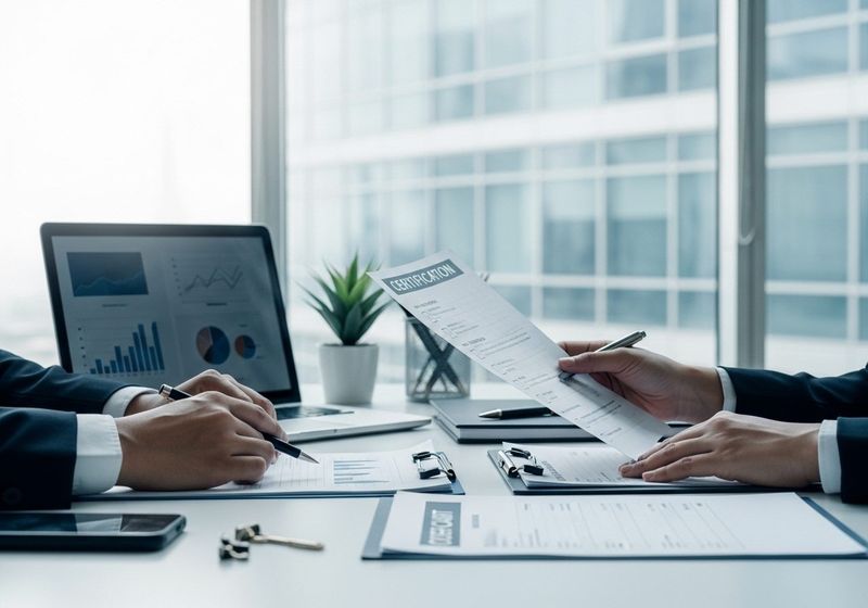 Due professionisti esaminano documenti e grafici su una scrivania in vetro