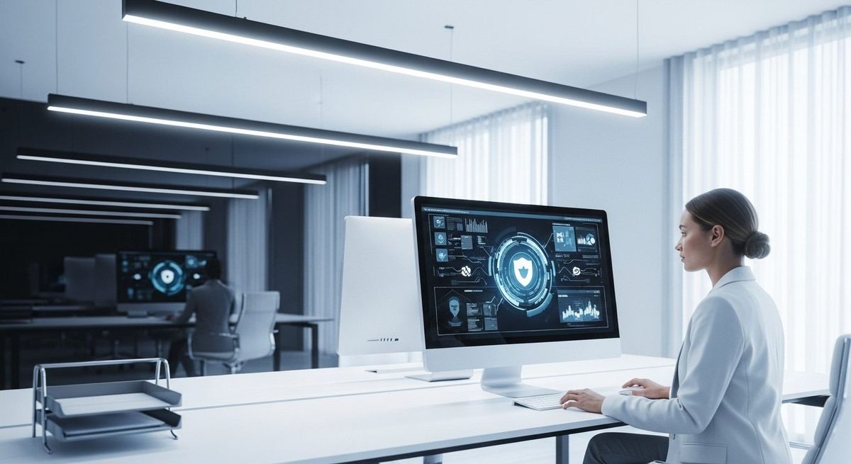 Postazione di lavoro con computer e schermate di monitoraggio della sicurezza informatica
