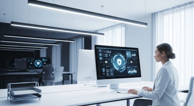 Postazione di lavoro con computer e schermate di monitoraggio della sicurezza informatica