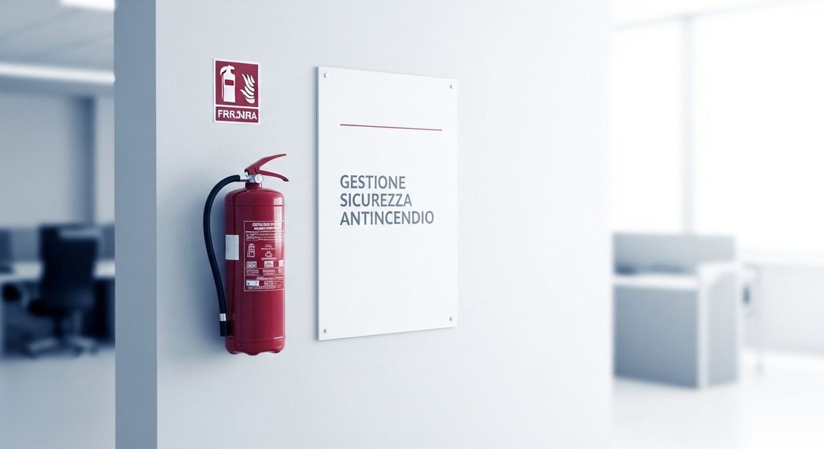 Estintore e targa Gestione sicurezza antincendio su una parete di un edificio