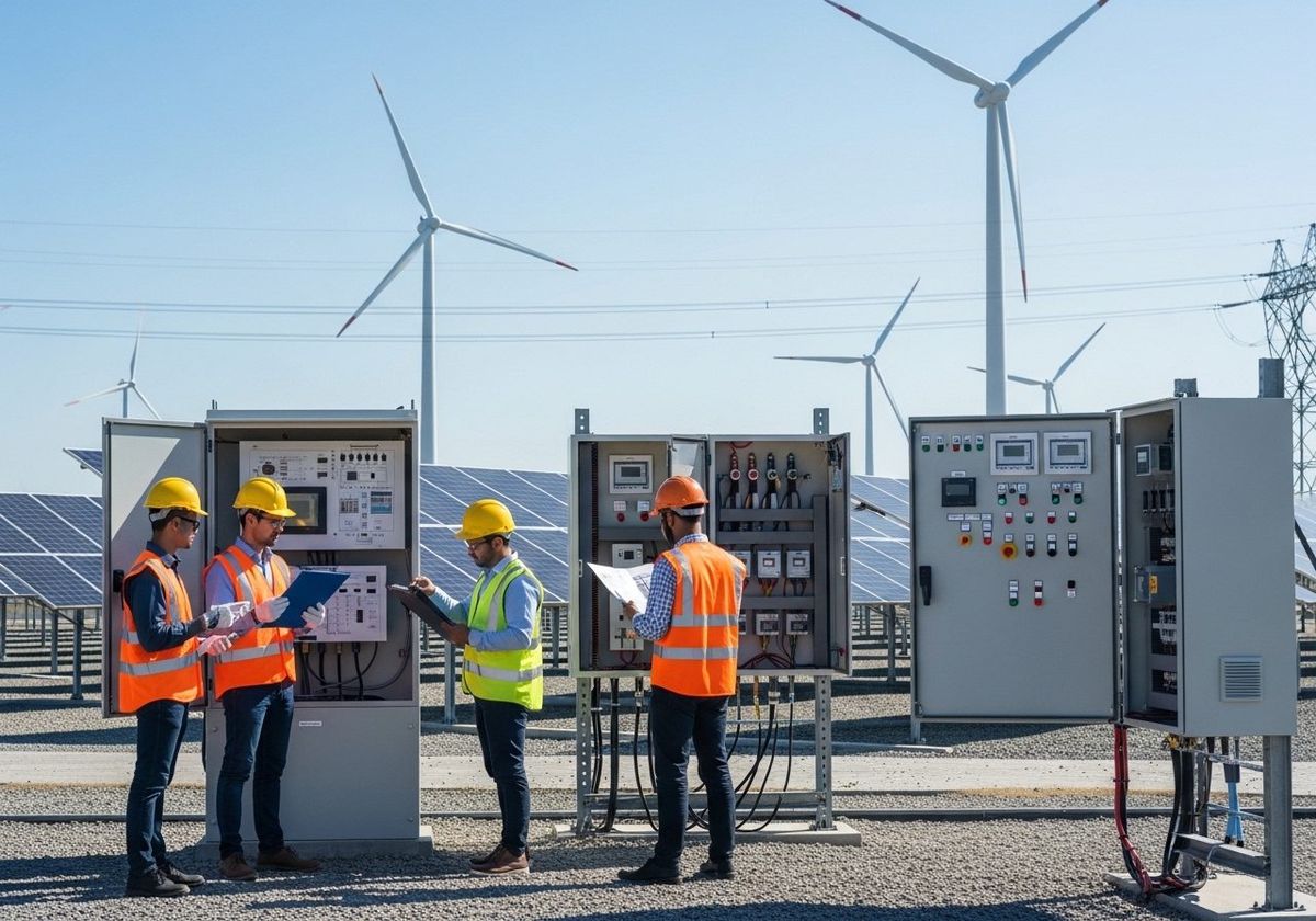 Tecnici con casco e giubbotto ad alta visibilità davanti a quadri elettrici con pale eoliche sullo sfondo