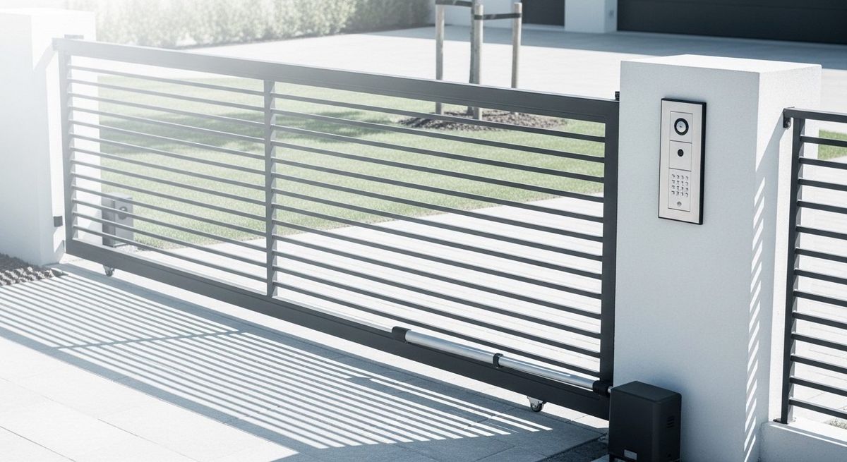 Cancello automatico moderno con citofono, esempio di cancello motorizzato condominiale