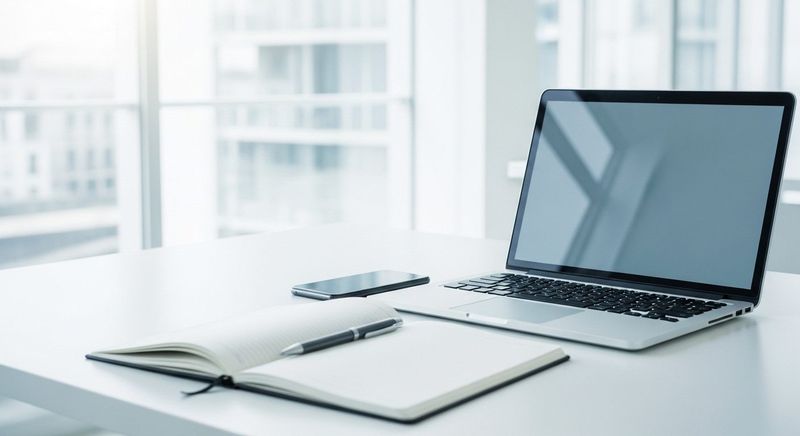 Computer portatile e taccuino su una scrivania luminosa