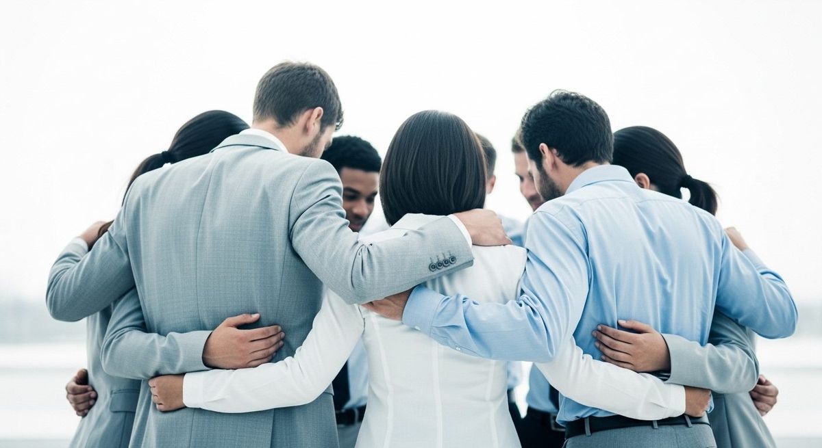 Gruppo di professionisti abbracciati in cerchio, immagine del team di QS S.r.l.